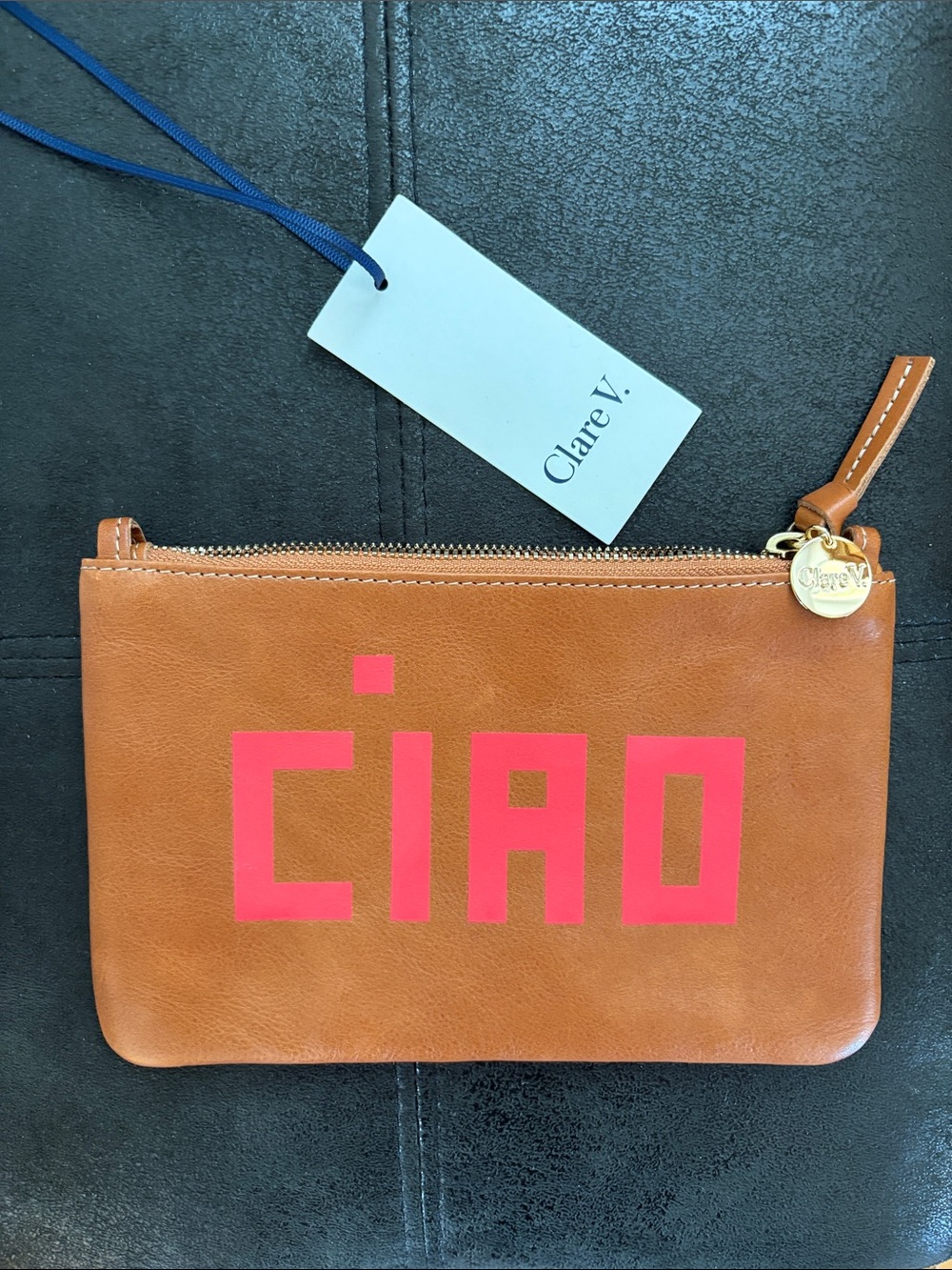 Clare V. Tan Leather Zip Pouch with Pink CIAO Graphic - New with tags /deadstock